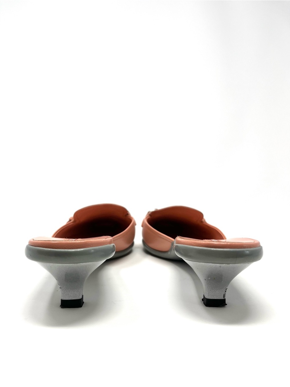 Vintage Prada Y2K Pink Coral Peach Leather Logo Buckle Mules Kitten Heels 37 7 - Picture 8 of 12